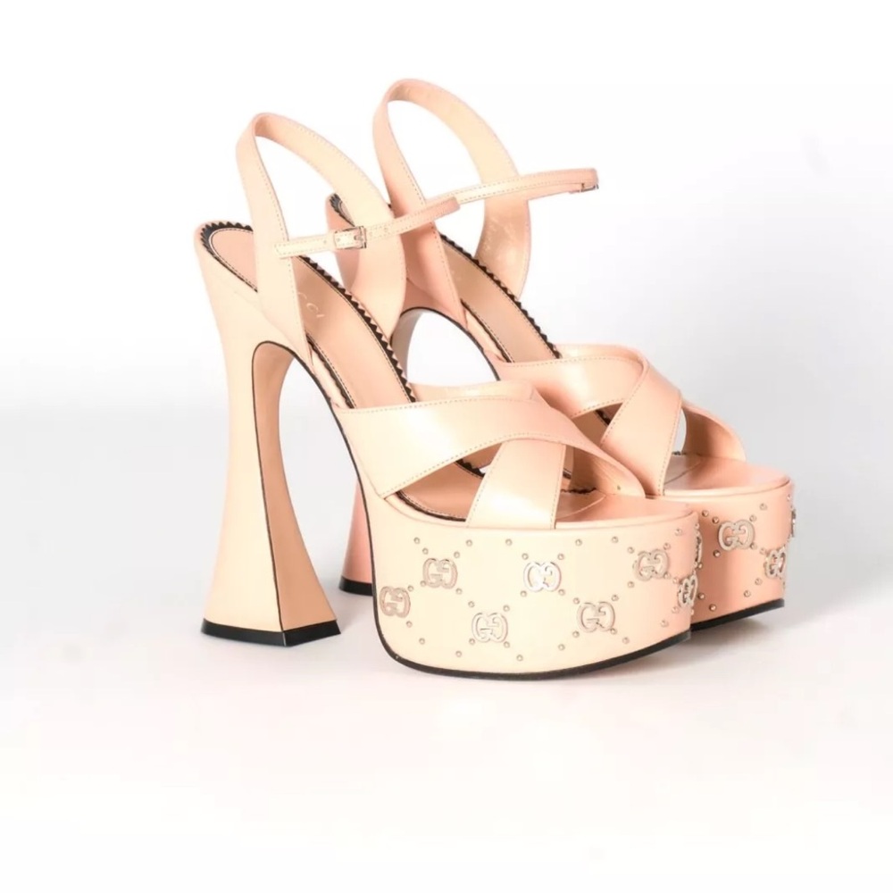GUCCI GG STUD CRYSTAL MALAGA PLATFORM SANDALS HEELS PINK EU 38 1/2